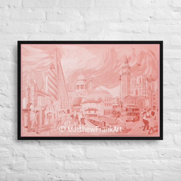 London Monochrome Framed Canvas Print Red