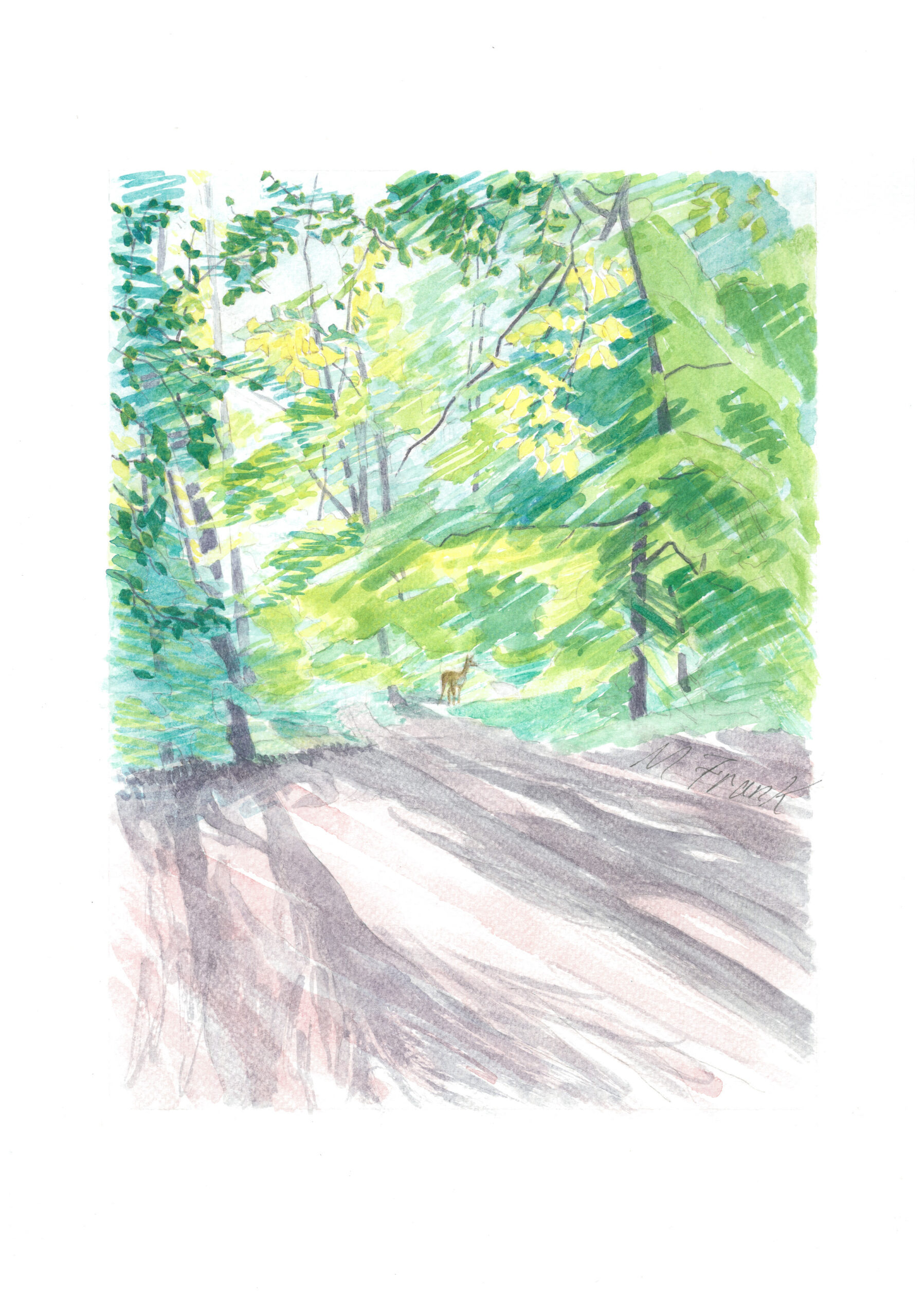 Landscape Watercolour Painting Fallow Deer in the Forest scan Landscape Watercolour Painting