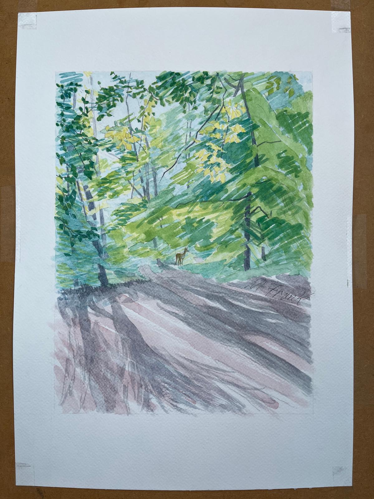 Fallow Deer in the forest Landscape Watercolour Painting